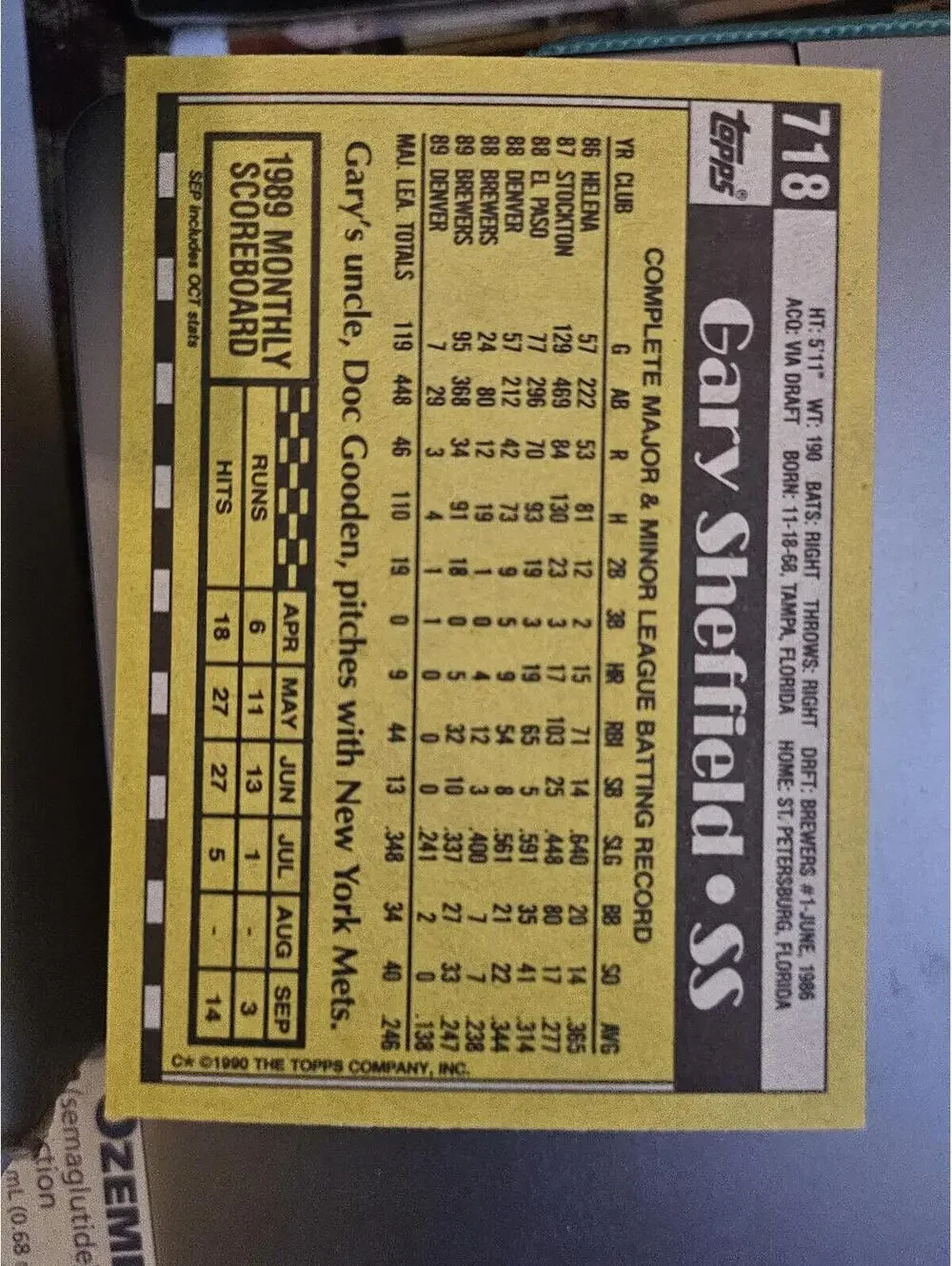 1990 Topps 718 Gary Sheffield All Star Rookie Milwaukee Brewers - Picture 2 of 2